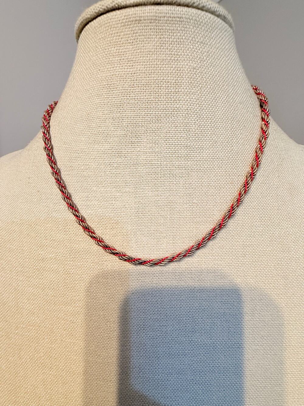 Vintage Braided Red Silver Tone Choker Necklace 16”
